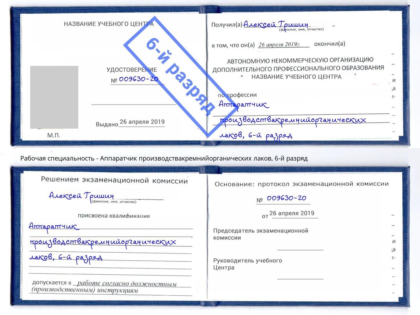 корочка 6-й разряд Аппаратчик производствакремнийорганических лаков Новочебоксарск