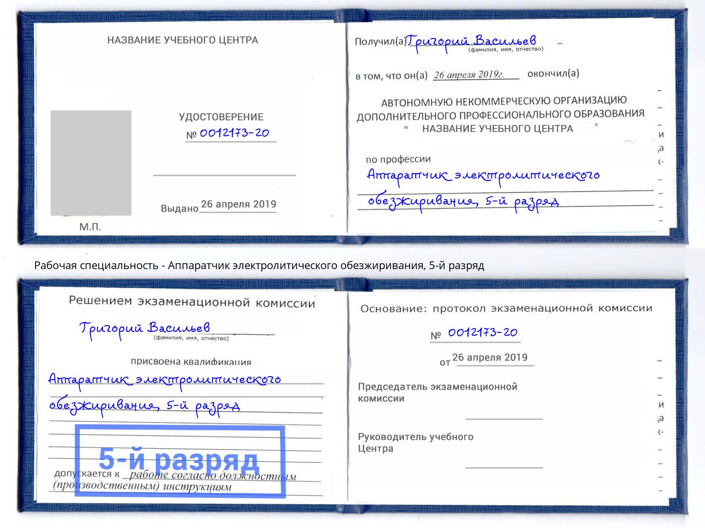 корочка 5-й разряд Аппаратчик электролитического обезжиривания Новочебоксарск